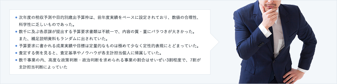 さて、ある大都市で試行構築した“科学的予算編成及び事業評価手法”をもとに行政AIの可能性を見たいと思います。<br />
この都市で予算編成作業の検討・分析を行ったところ、次のような問題が浮かび上がってきました。<br />
